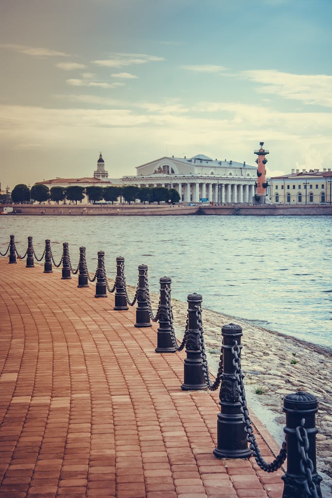 Iconic St. Petersburg waterfront capturing cityscape and architecture at a serene daytime view.